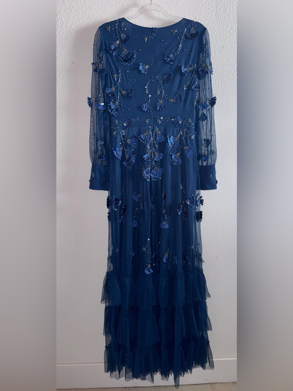 NWOT MAC DUGGAL Navy Mesh Long Sleeve V-Neck Tiered A Line Gown Sz: 8 #9256 - Picture 5 of 11